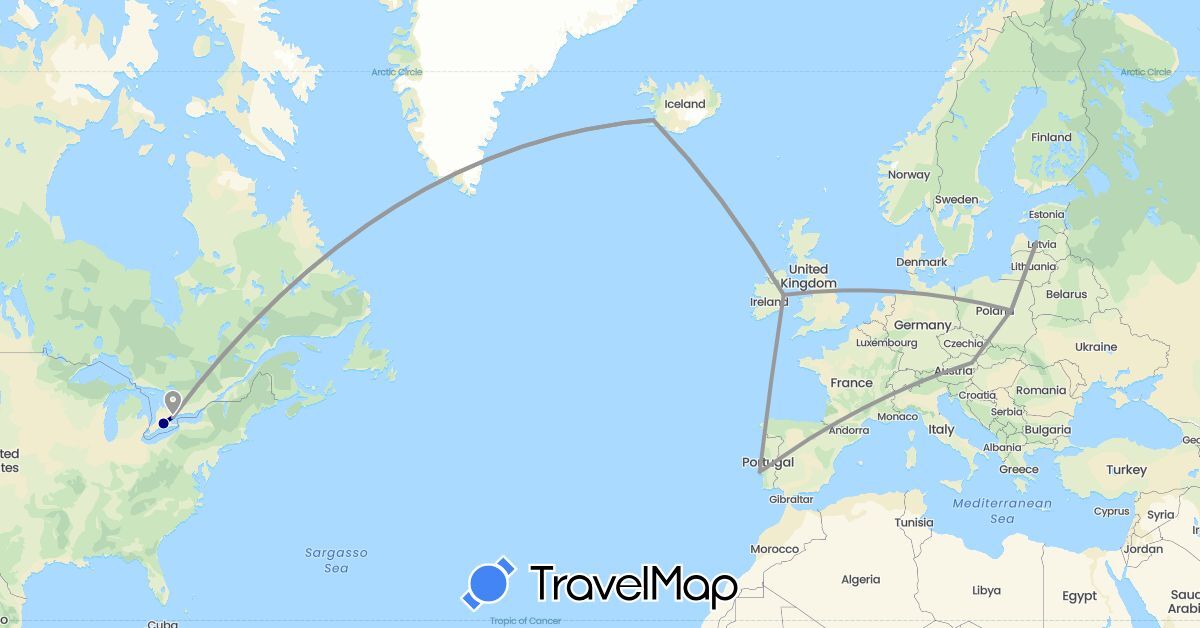 TravelMap itinerary: driving, plane in Austria, Canada, Ireland, Iceland, Latvia, Poland, Portugal (Europe, North America)